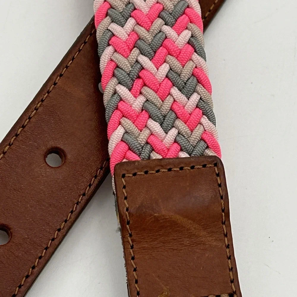 J Crew Belt Women's M‎ Pink Braided  Leather Tab Brass D Ring Buckle Made USA - Picture 4 of 6